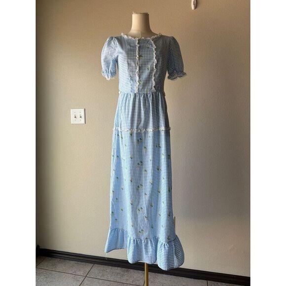 vintage 80s gingham plaid short sleeve maxi dress‎ - Picture 2 of 8